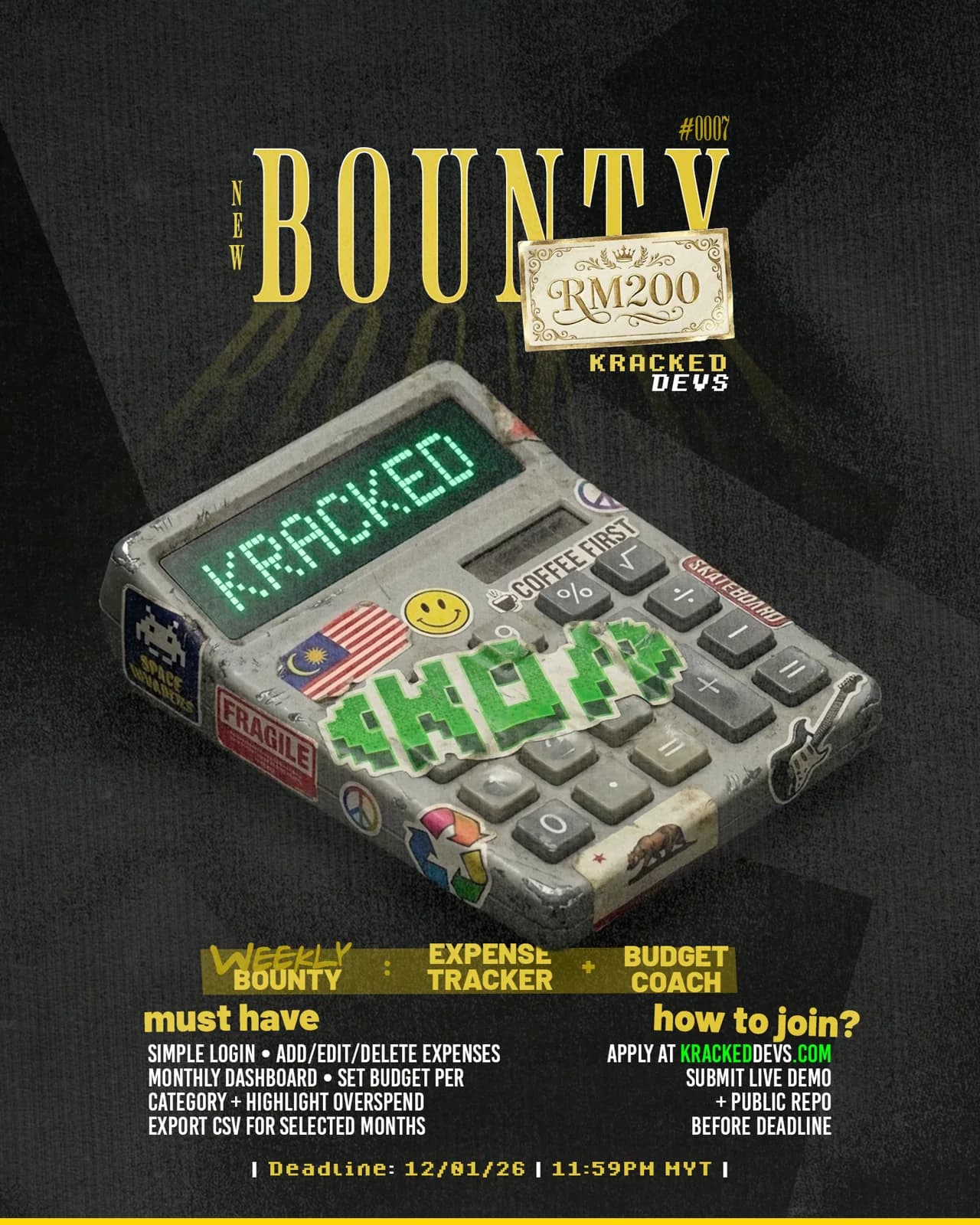 Bounty challenge artwork with a calculator and digital interface motif.